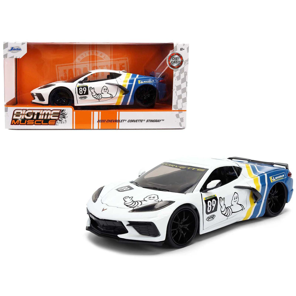 2020 Chevrolet Corvette Stingray C8 #89 "Michelin" White with Yellow and Blue Stripes "Bigtime Muscle" Series 1/24 Diecast Model Car by Jada