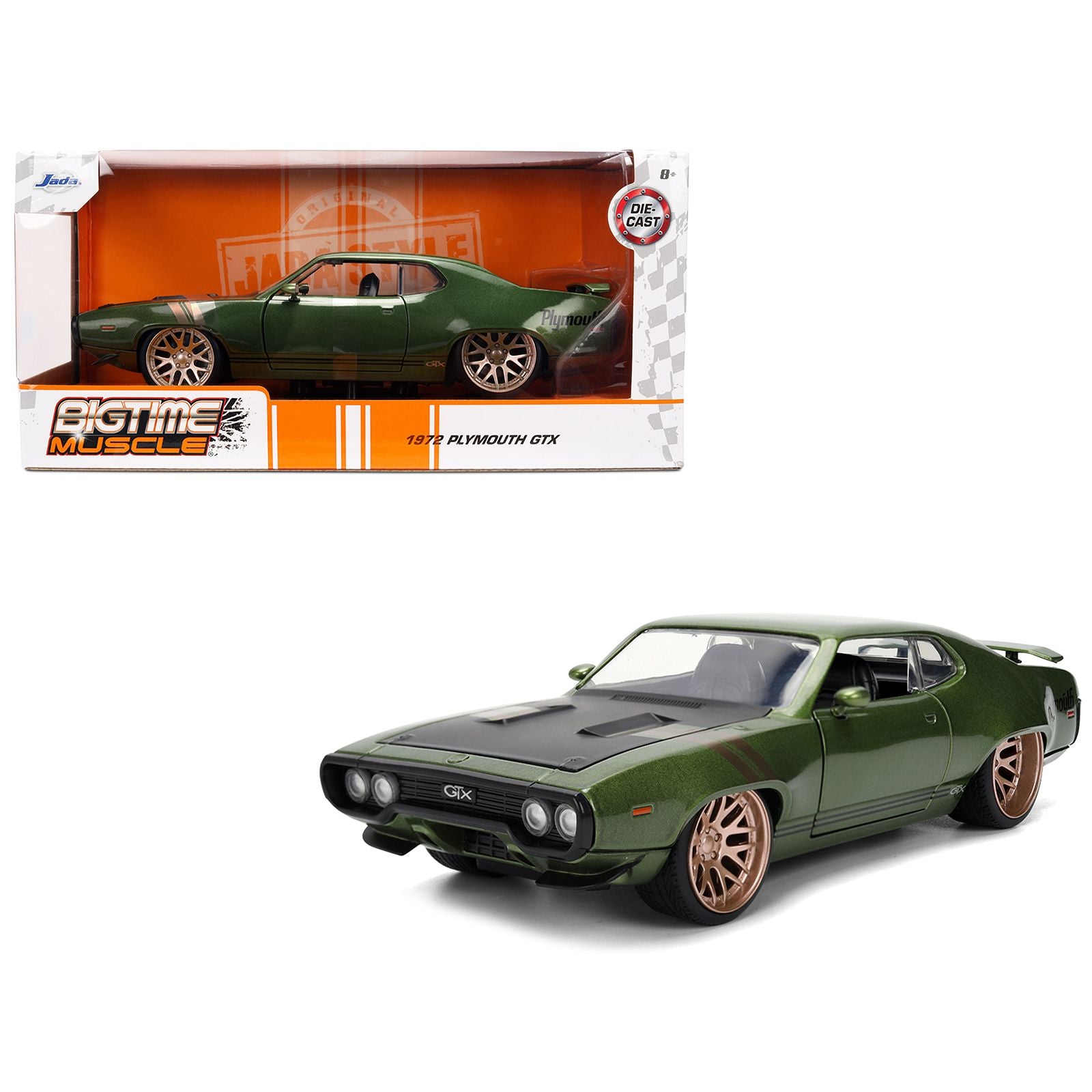 1972 Plymouth GTX Green Metallic with Matt Black Hood and Gold Stripes "Bigtime Muscle" Series 1/24 Diecast Model Car by Jada