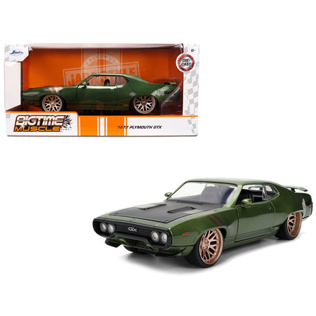 1972 Plymouth GTX Green Metallic with Matt Black Hood and Gold Stripes "Bigtime Muscle" Series 1/24 Diecast Model Car by Jada