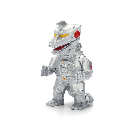 Silver robot toy with red and yellow details.