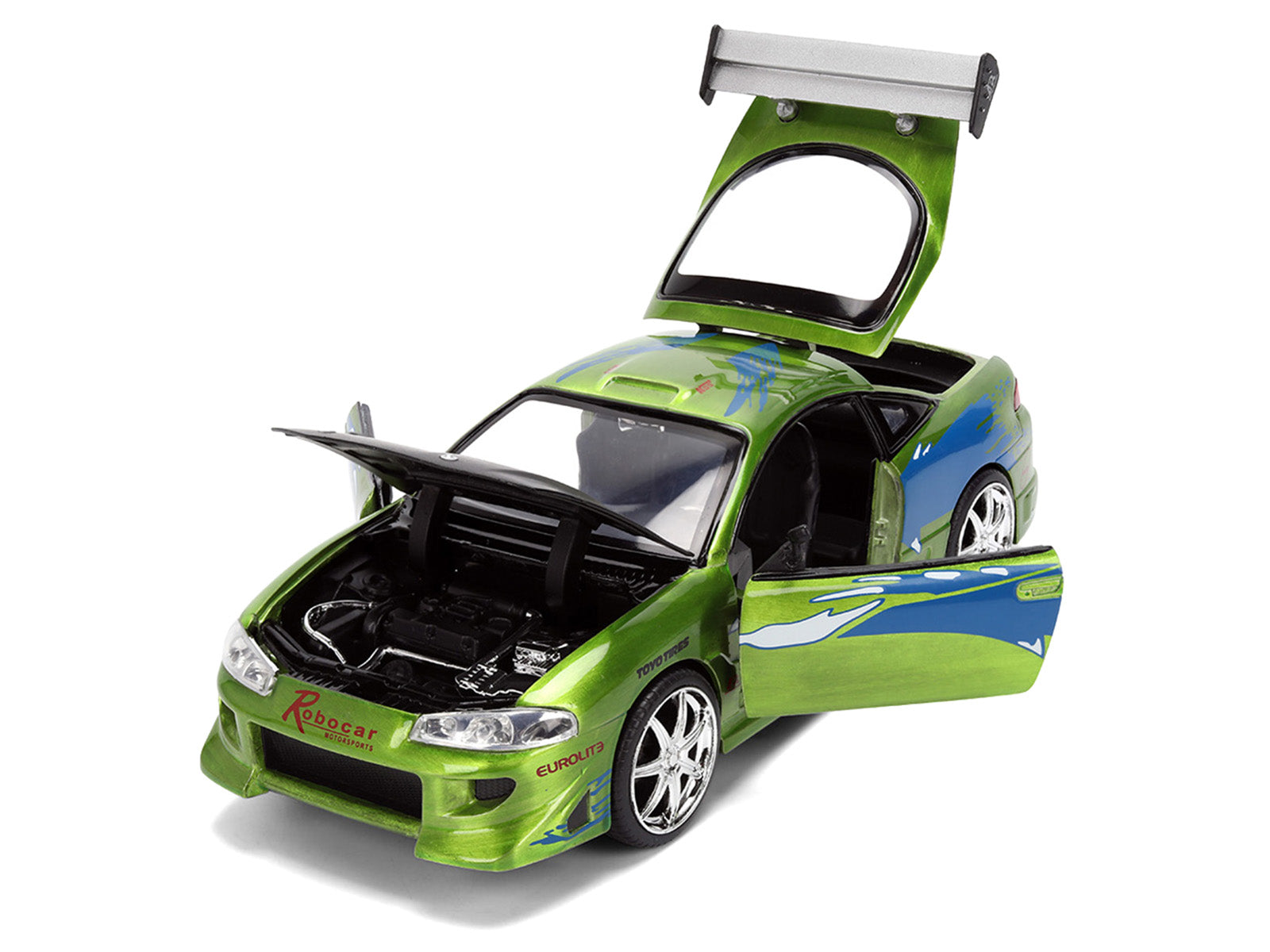 Green toy car with open doors and hood.
