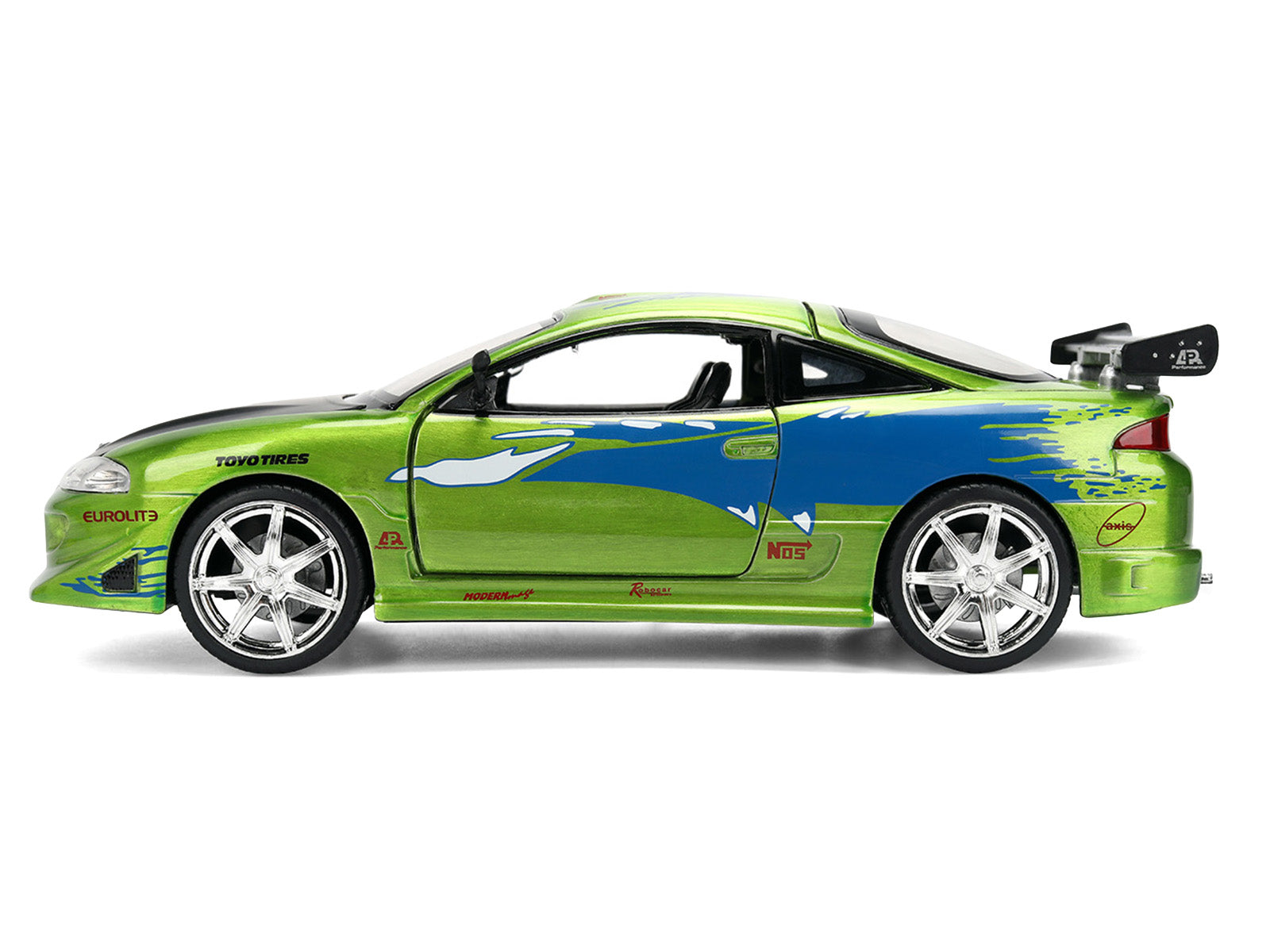 Green and blue toy sports car with a spoiler.