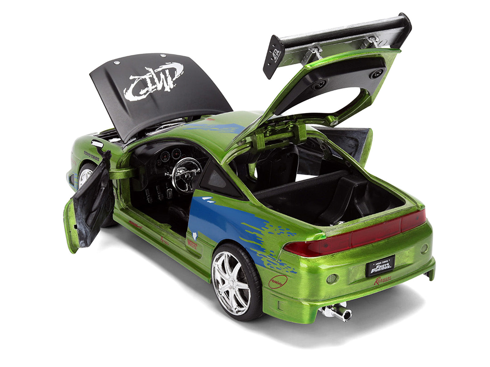 Green toy car with open doors and hood.