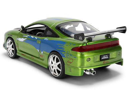 Green and blue toy car with a spoiler.