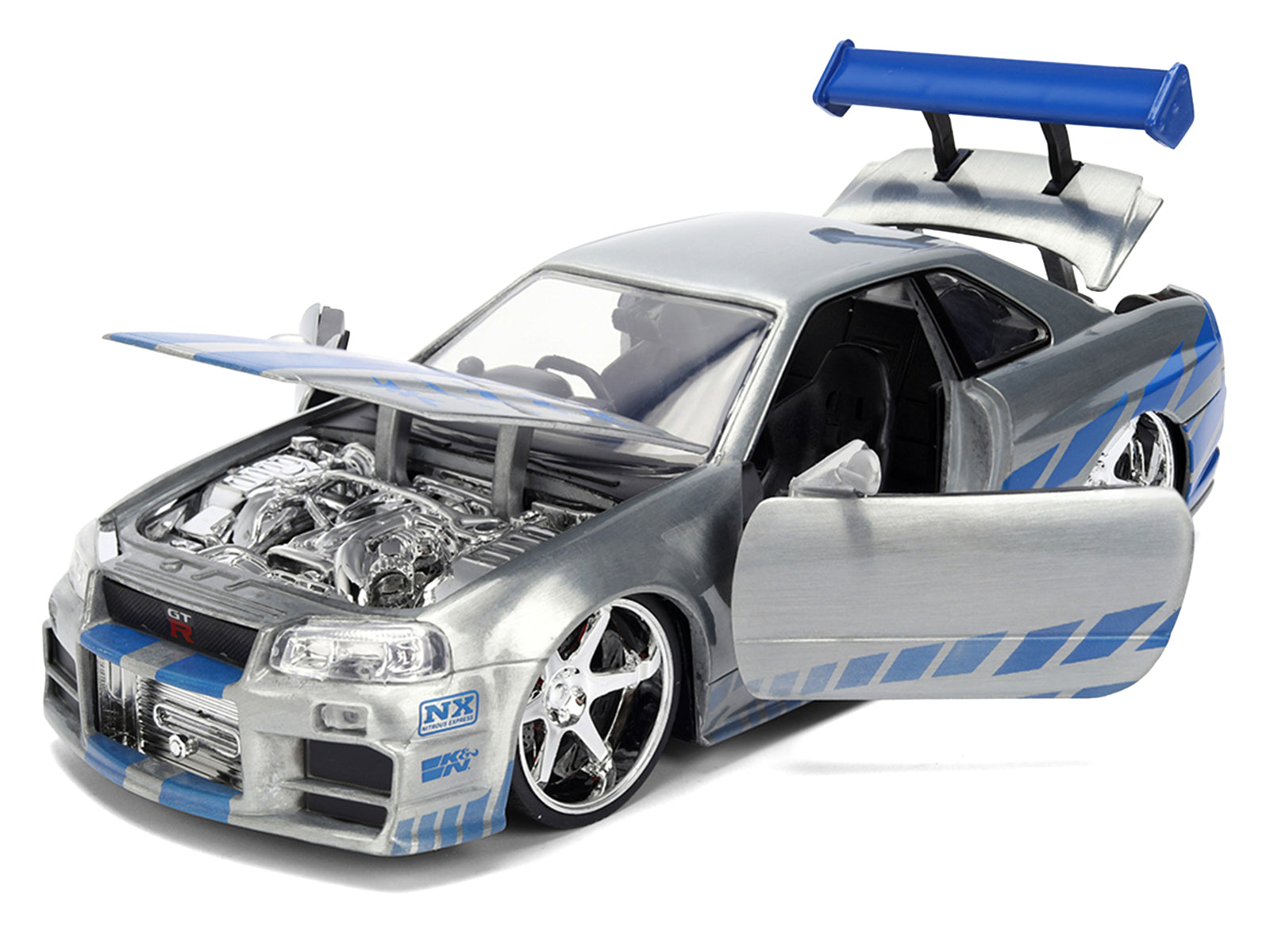 Silver toy car with open hood and door.