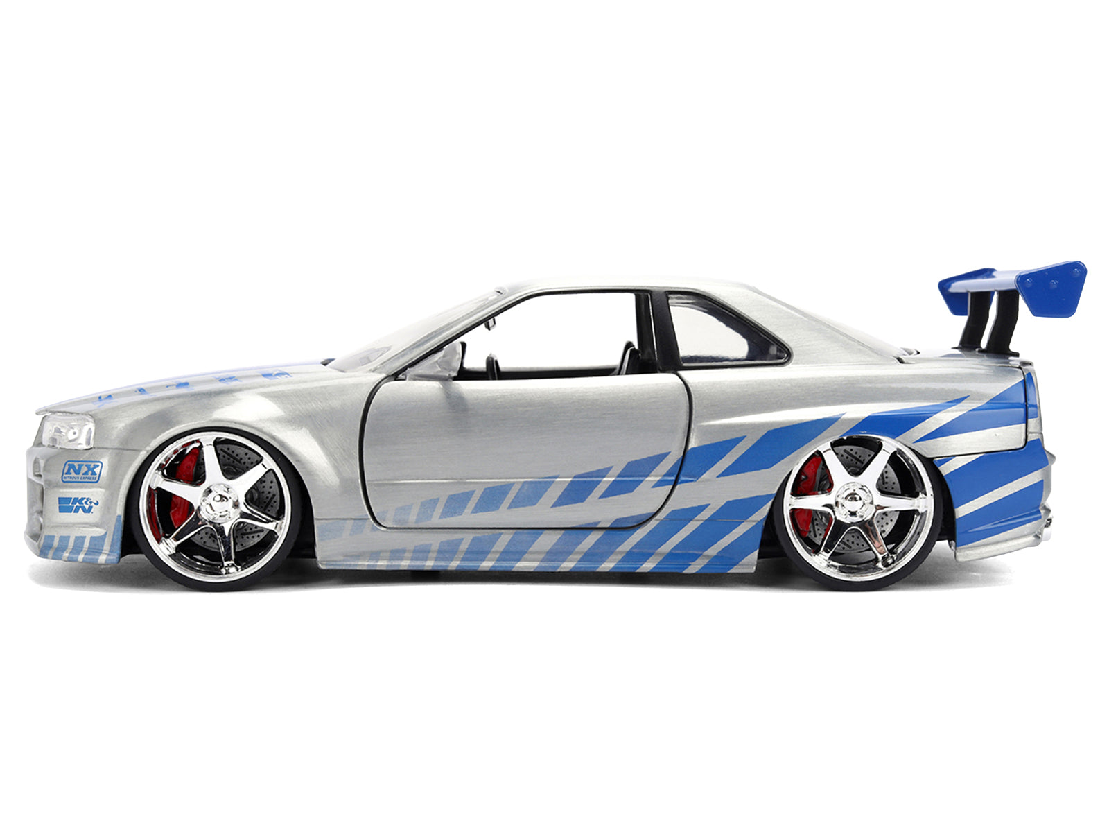 Silver and blue toy car with a spoiler.