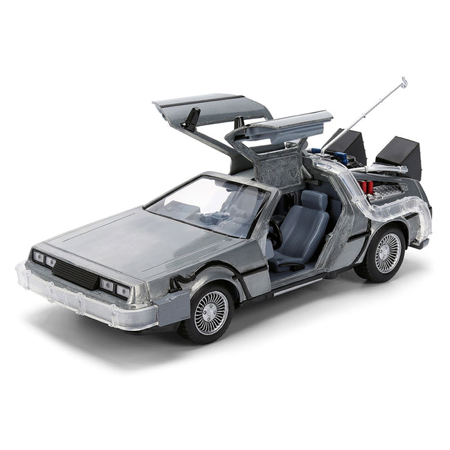 DeLorean Brushed Metal Time Machine with Lights "Back to the Future" (1985) Movie "40th Anniversary" Special Packaging "Hollywood Rides" Series 1/24 Diecast Model Car by Jada