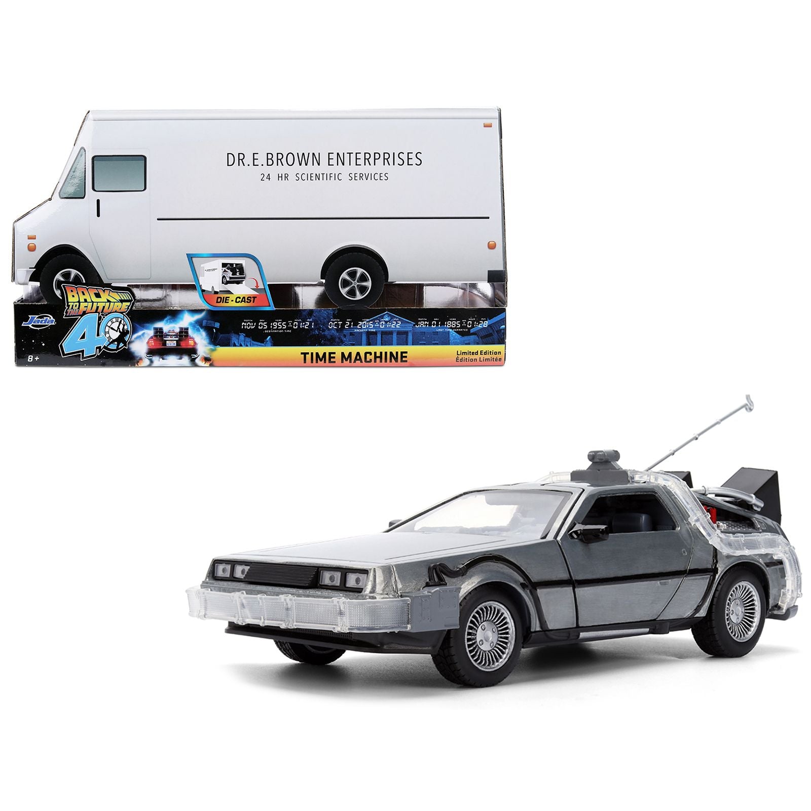 DeLorean Brushed Metal Time Machine with Lights "Back to the Future" (1985) Movie "40th Anniversary" Special Packaging "Hollywood Rides" Series 1/24 Diecast Model Car by Jada