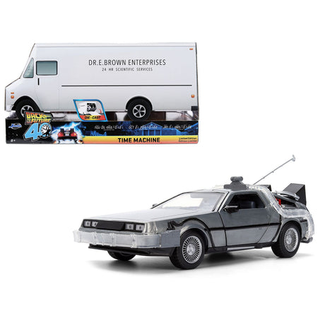 DeLorean Brushed Metal Time Machine with Lights "Back to the Future" (1985) Movie "40th Anniversary" Special Packaging "Hollywood Rides" Series 1/24 Diecast Model Car by Jada