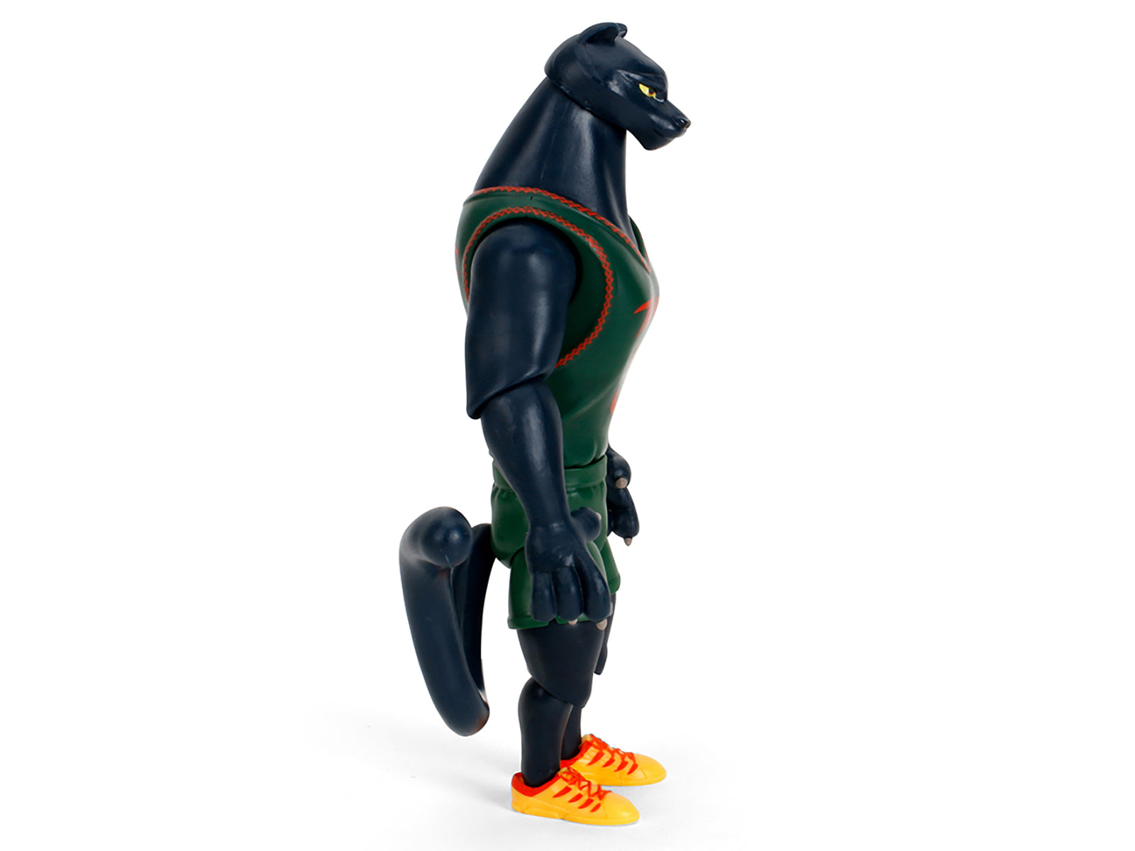 Cartoonish black panther figure in green and orange.
