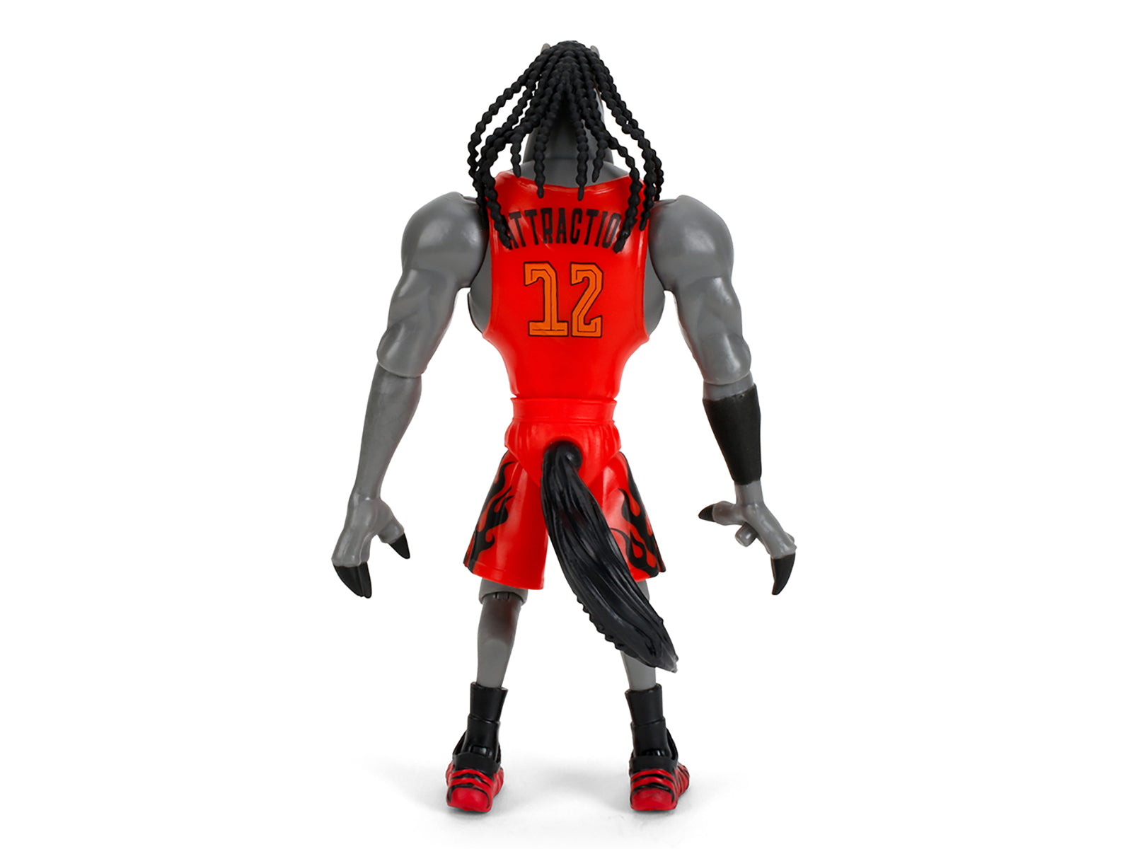 Toy wolf in red basketball uniform.