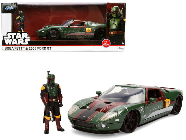 2005 Ford GT Green (Weathered) with Graphics and Boba Fett Figure "Star Wars" Franchise "Hollywood Rides" Series 1/24 Diecast Model Car by Jada