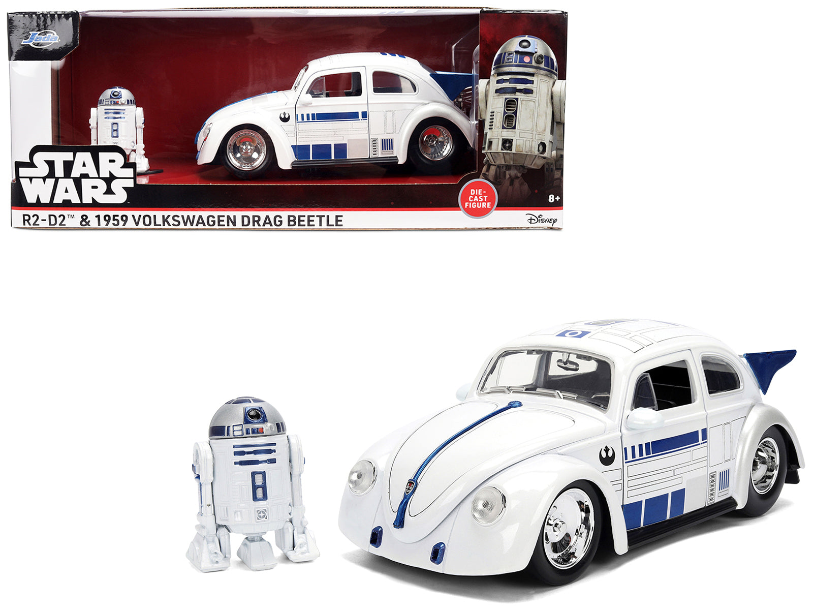 1959 Volkswagen Drag Beetle White with Graphics and R2-D2 Figure "Star Wars" Franchise "Hollywood Rides" Series 1/24 Diecast Model Car by Jada