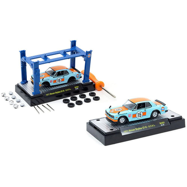 1971 Nissan Skyline GT-R RHD (Right Hand Drive) #15 "Gulf Oil" Light Blue and Orange "Auto-Lifts" Series Limited Edition to 3300 pieces Worldwide 1/64 Diecast Model Car by M2 Machines