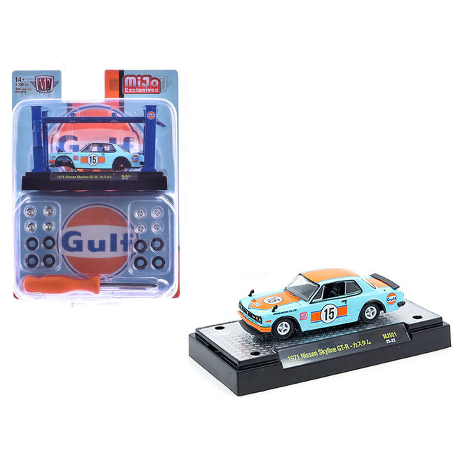 1971 Nissan Skyline GT-R RHD (Right Hand Drive) #15 "Gulf Oil" Light Blue and Orange "Auto-Lifts" Series Limited Edition to 3300 pieces Worldwide 1/64 Diecast Model Car by M2 Machines