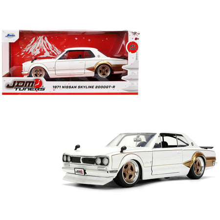 1971 Nissan Skyline 2000GT-R RHD (Right Hand Drive) White with Gold Graphics "JDM Tuners" Series 1/24 Diecast Model Car by Jada