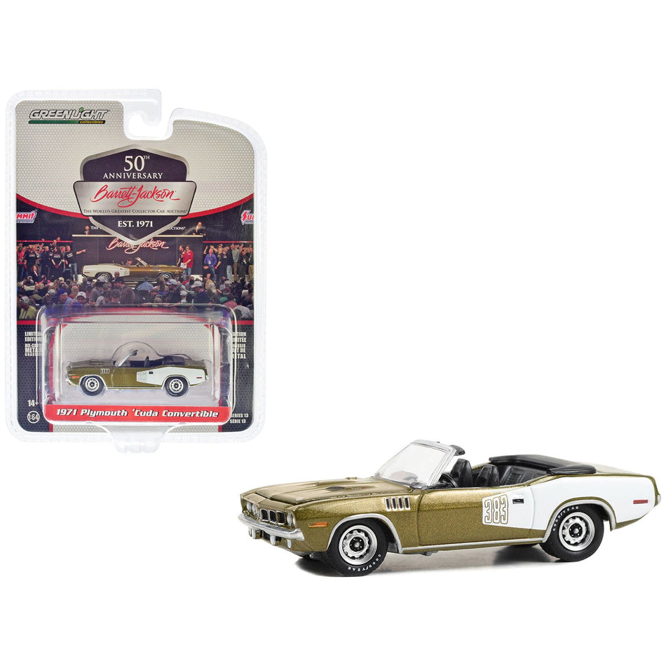 1971 Plymouth Barracuda 383 Convertible Tawny Gold Metallic and White (Lot #1071) Barrett Jackson "Scottsdale Edition" Series 13 1/64 Diecast Model Car by Greenlight