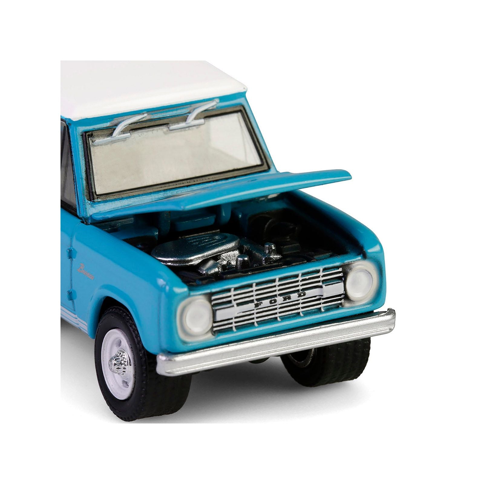 Blue Ford Bronco model with hood open