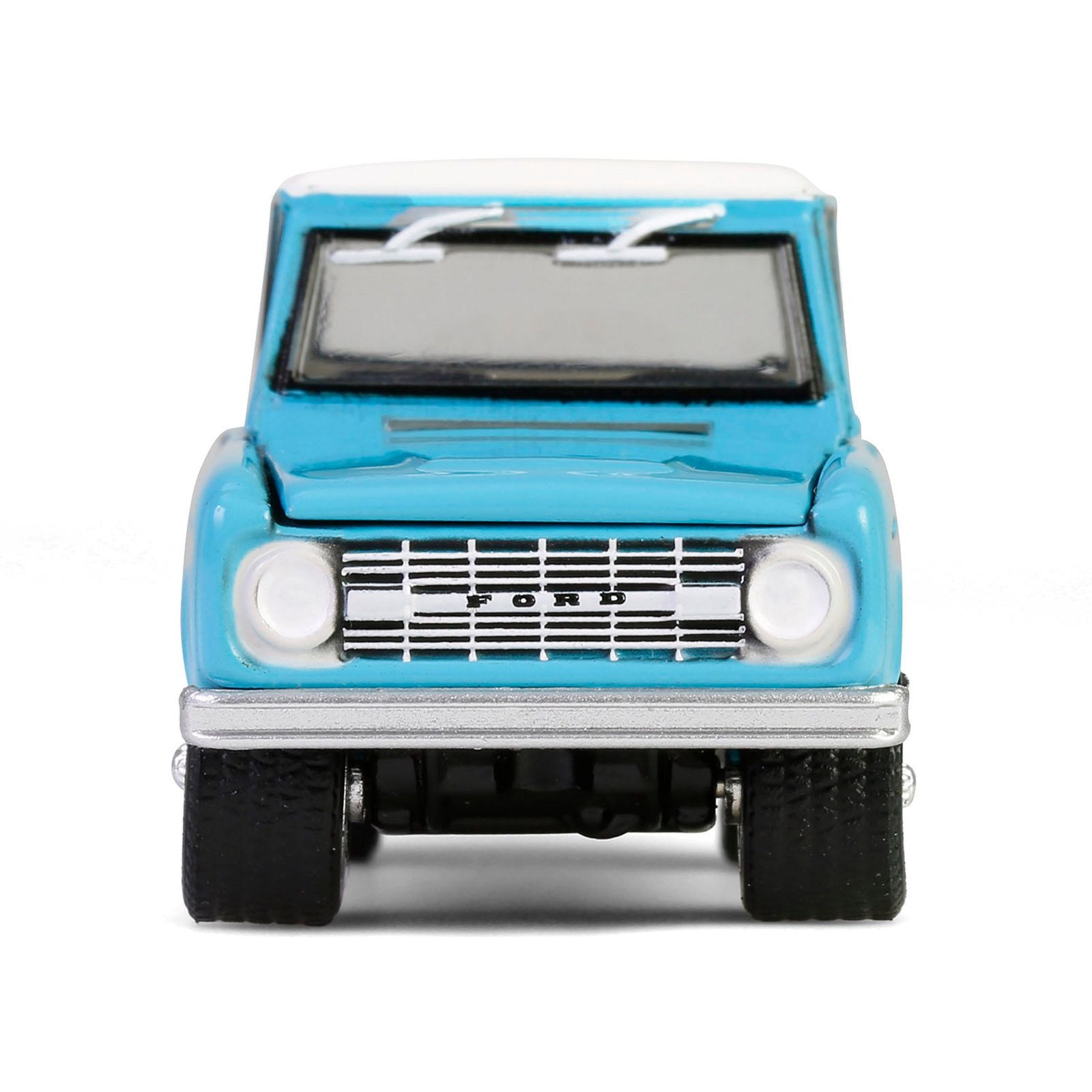Blue Ford Bronco toy car front view