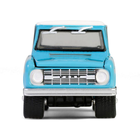 Blue Ford Bronco toy car front view