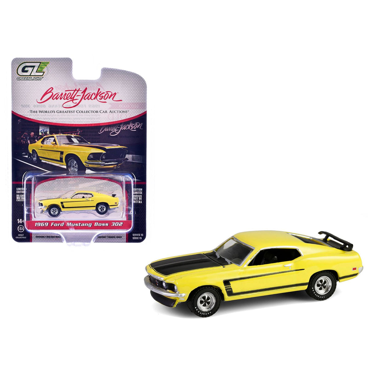 1969 Ford Mustang Boss 302 Bright Yellow with Black Hood and Stripes "Barrett-Jackson" Series 15 1/64 Diecast Model Car by Greenlight
