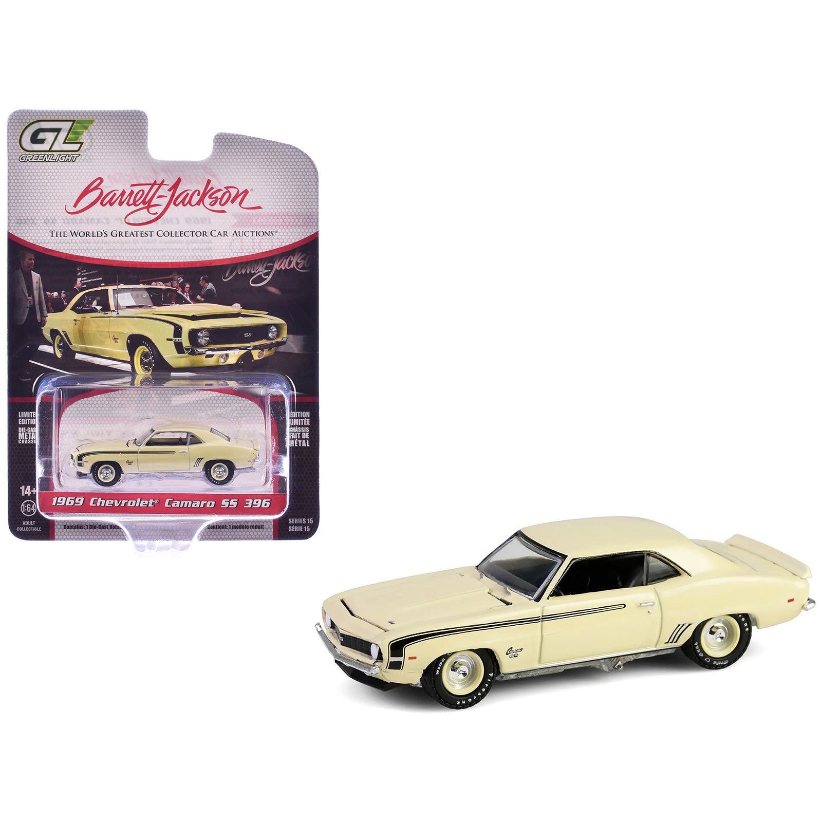 1969 Chevrolet Camaro SS 396 Butternut Yellow with Black Stripes "Barrett-Jackson" Series 15 1/64 Diecast Model Car by Greenlight
