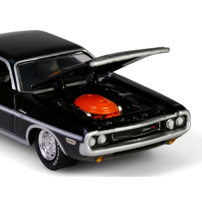 1970 Dodge Challenger R/T 440 Black with White Stripes "Barrett-Jackson" Series 15 1/64 Diecast Model Car by Greenlight