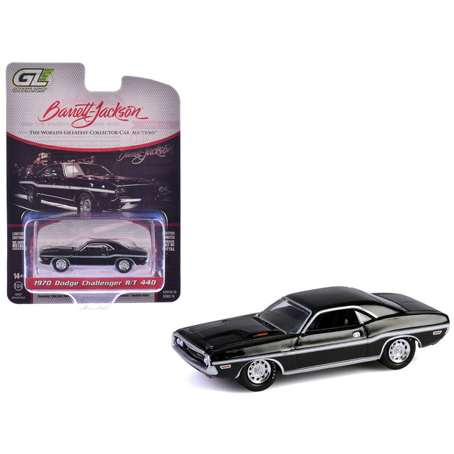 1970 Dodge Challenger R/T 440 Black with White Stripes "Barrett-Jackson" Series 15 1/64 Diecast Model Car by Greenlight