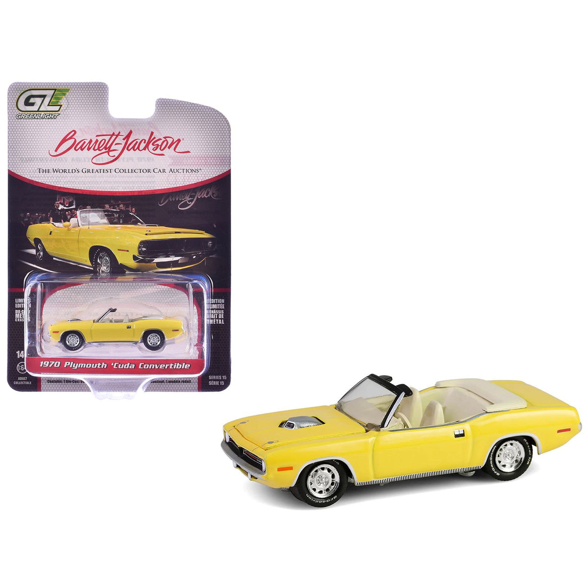 1970 Plymouth 'Cuda Convertible Yellow "Barrett-Jackson" Series 15 1/64 Diecast Model Car by Greenlight