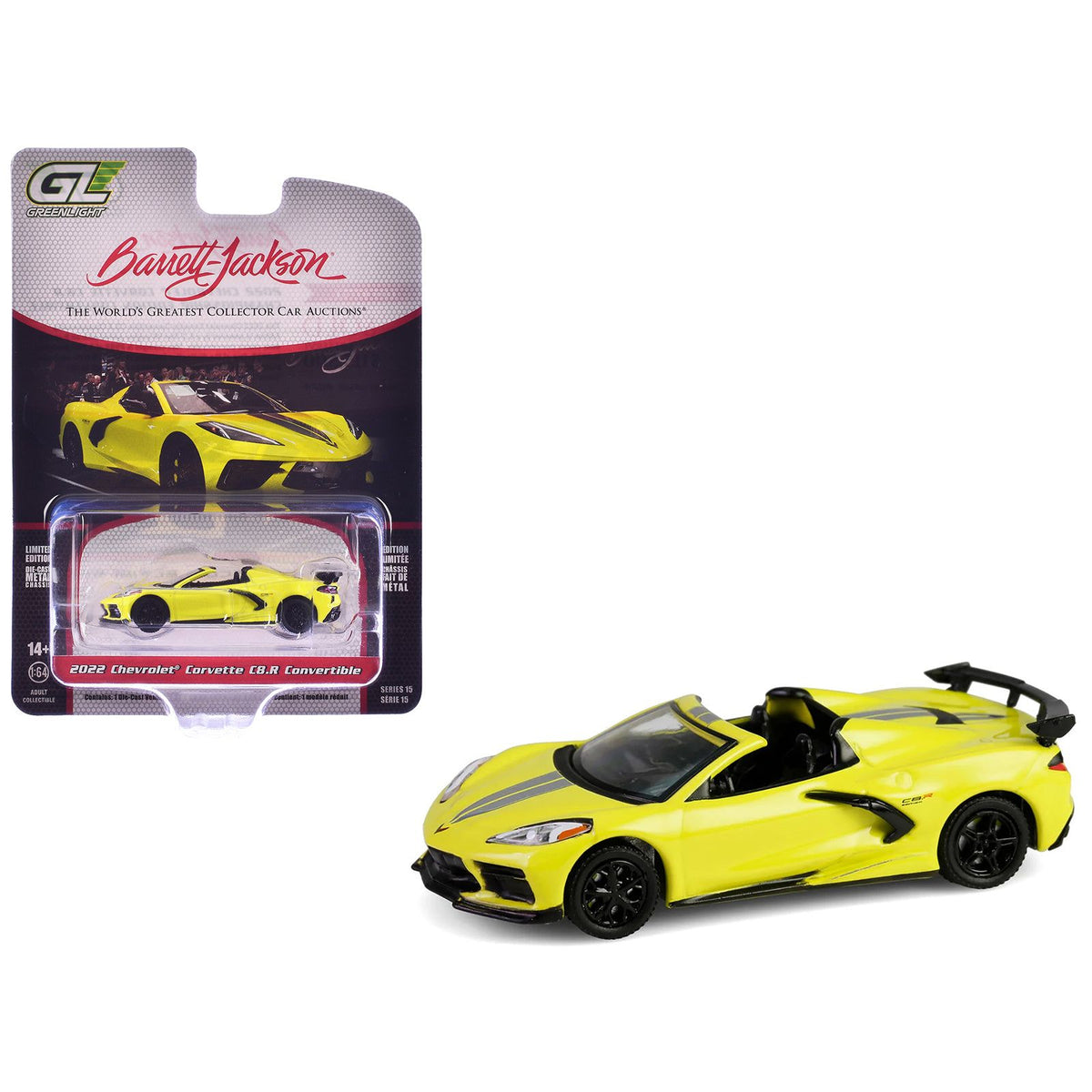 2022 Chevrolet Corvette C8.R Convertible Yellow with Silver Stripes "Barrett-Jackson" Series 15 1/64 Diecast Model Car by Greenlight