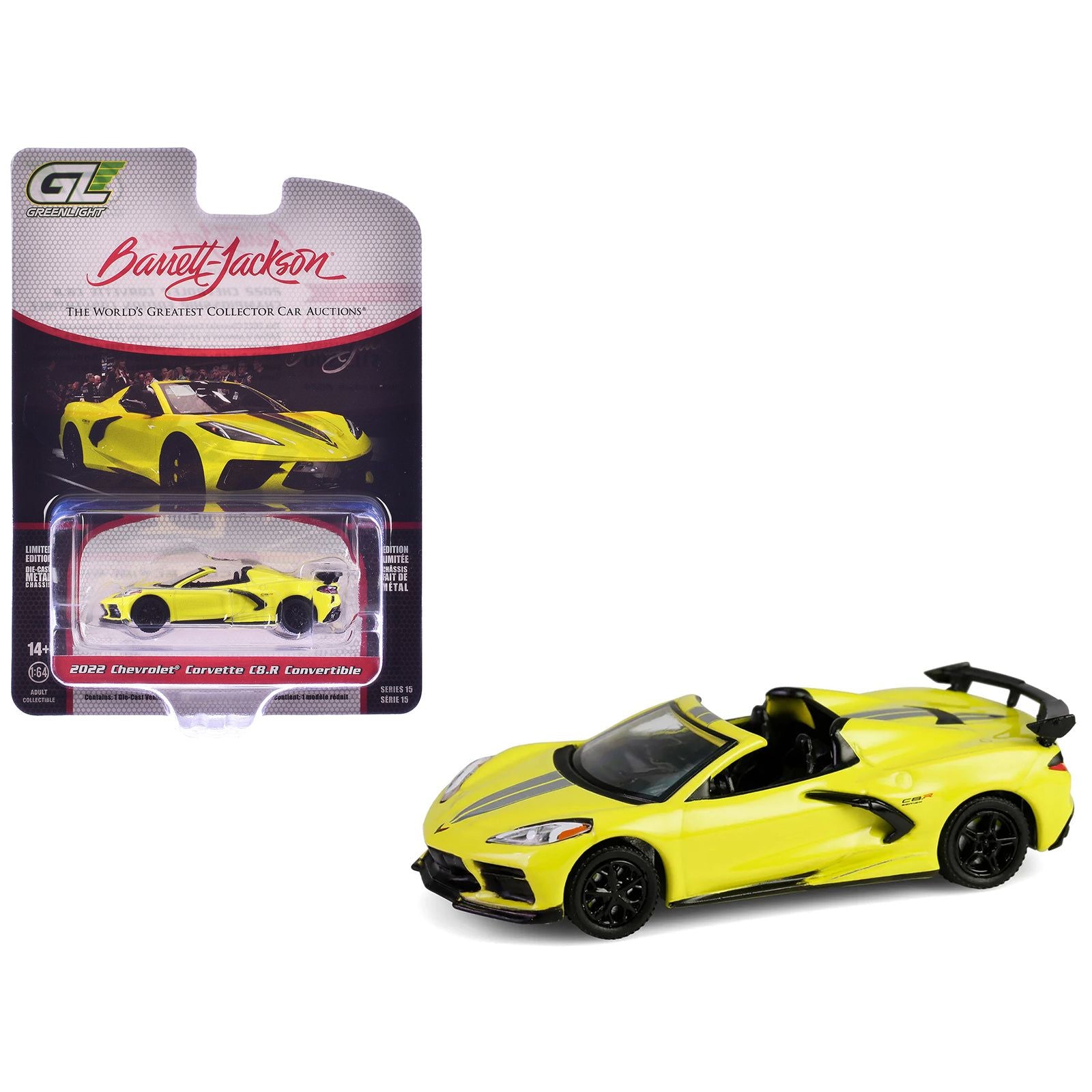 2022 Chevrolet Corvette C8.R Convertible Yellow with Silver Stripes "Barrett-Jackson" Series 15 1/64 Diecast Model Car by Greenlight