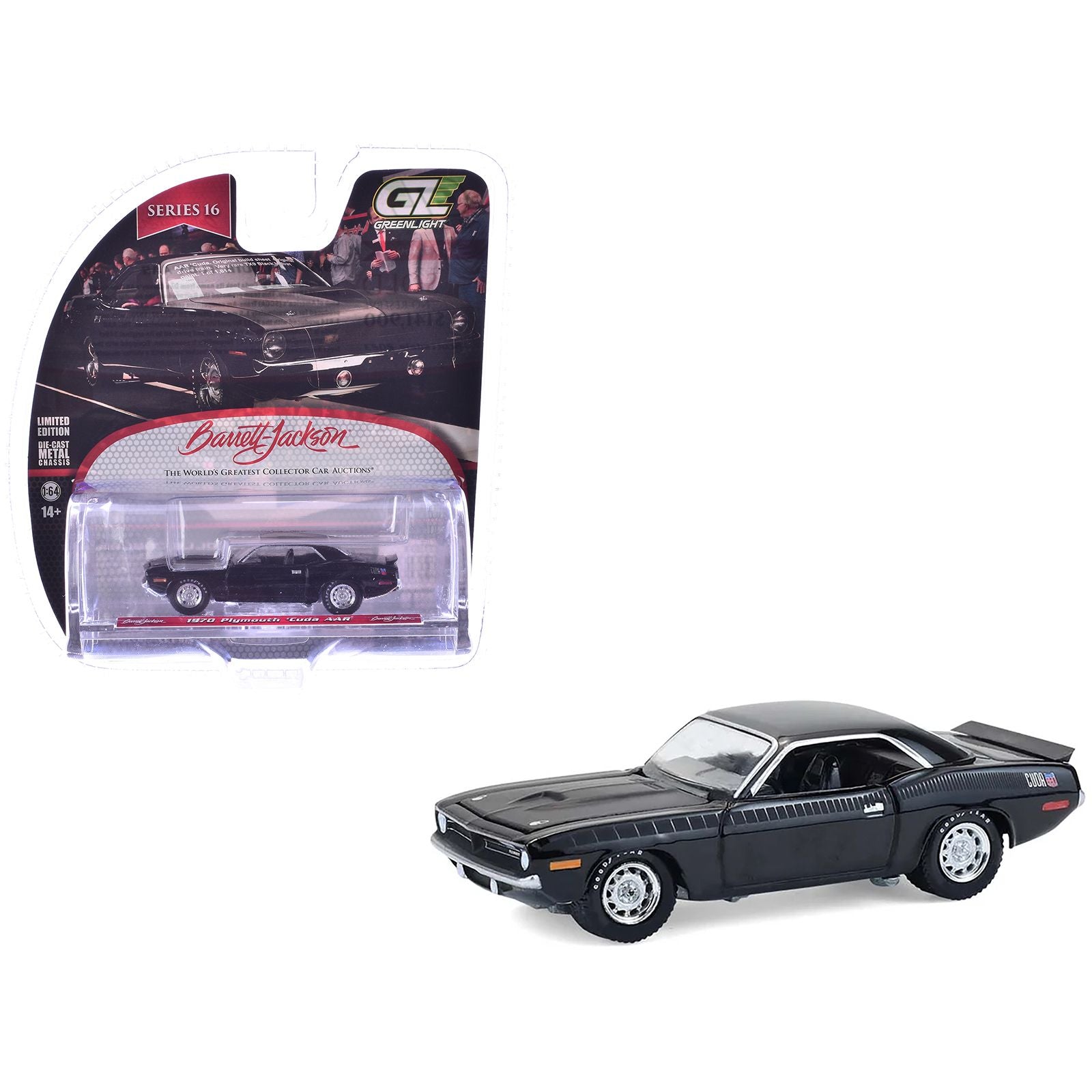 1970 Plymouth 'Cuda AAR Black with Gray Stripes "Barrett-Jackson" Series 16 1/64 Diecast Model Car by Greenlight