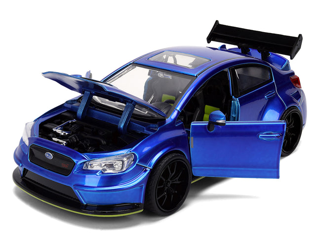 Blue toy car with open hood and door.
