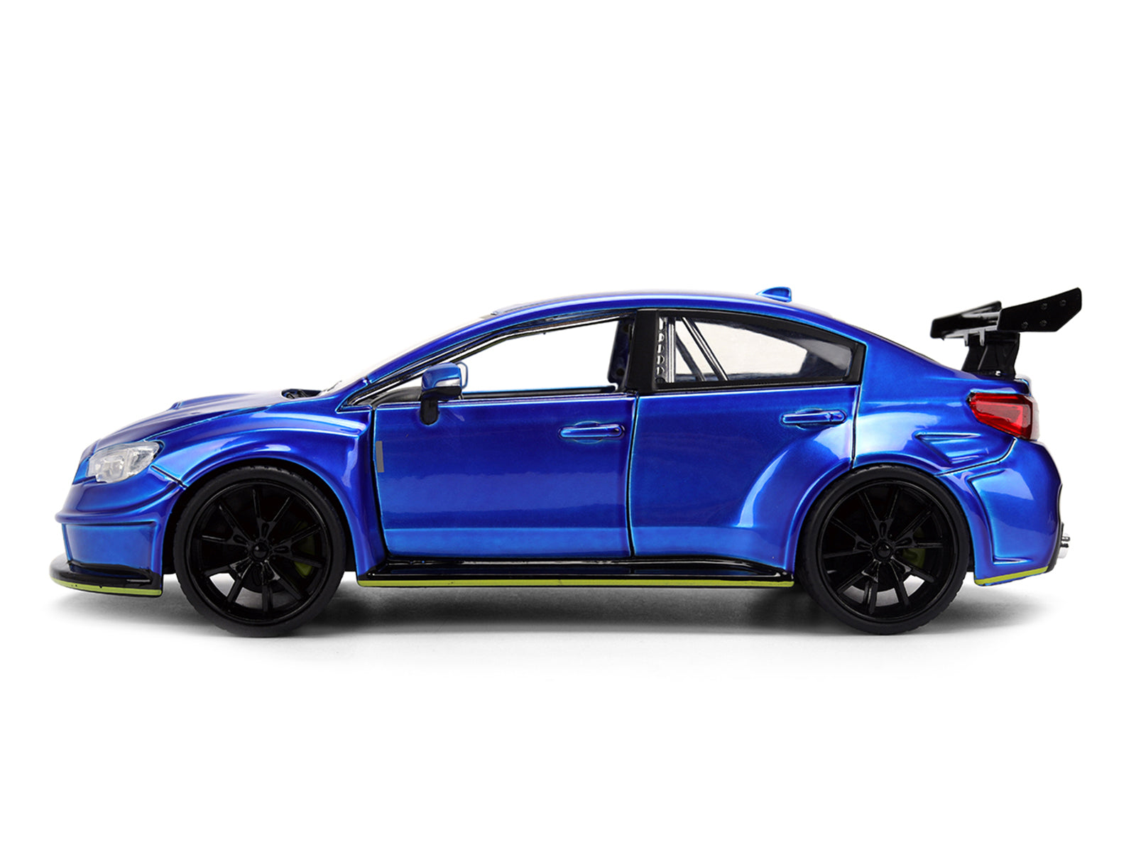 Blue sports car with black wheels.