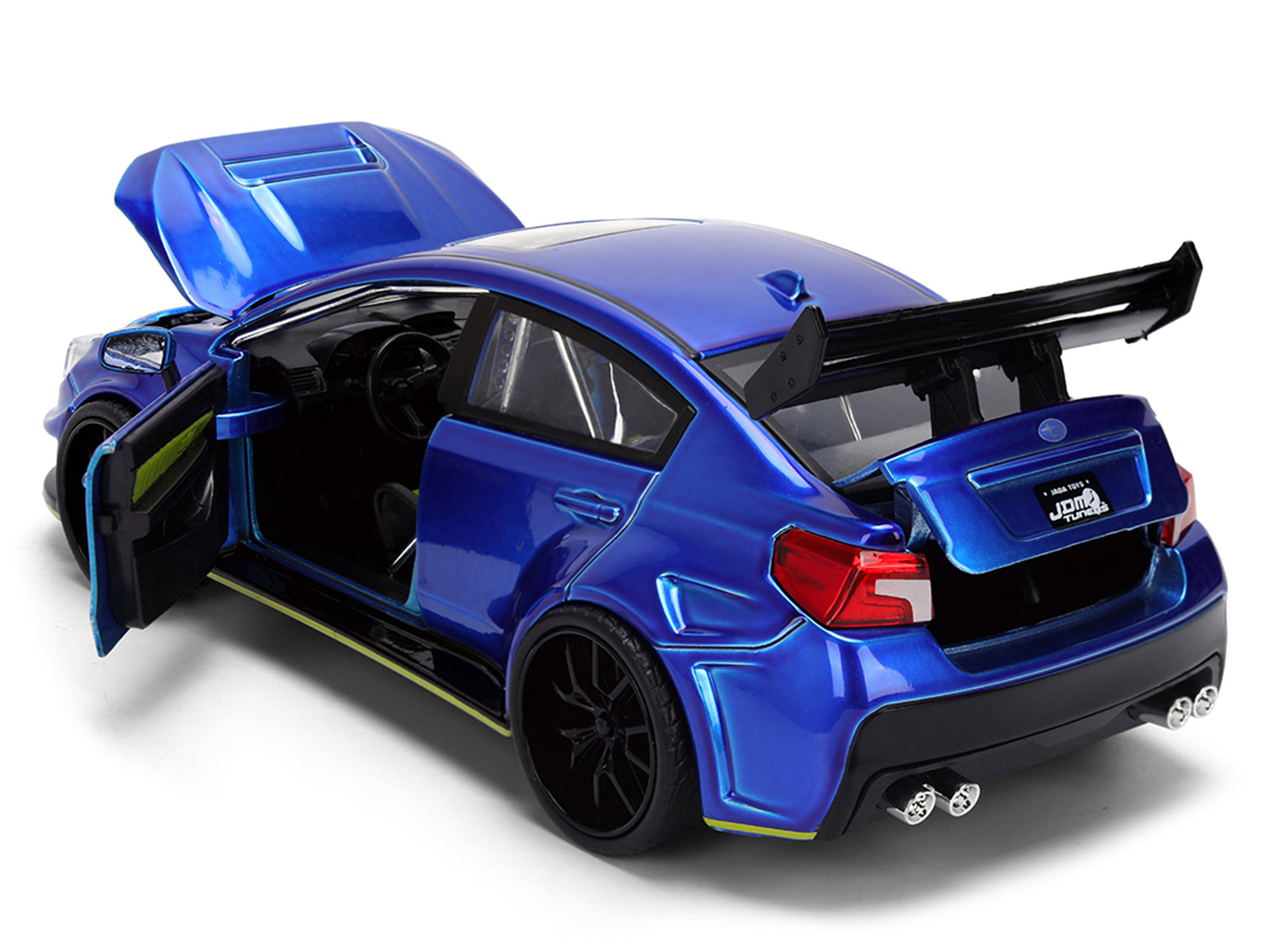 Blue model car with open doors and hood.