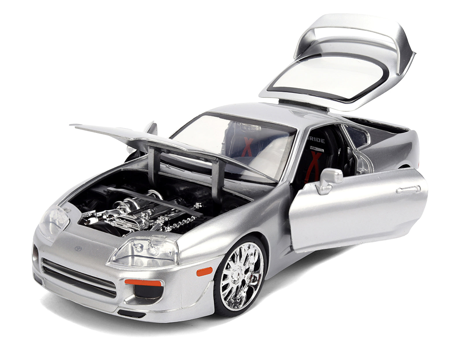 Silver toy car with open doors and hood.