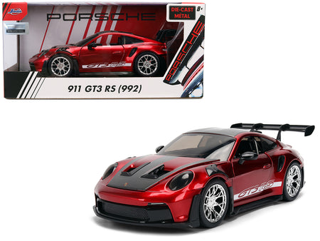 Porsche 911 (992) GT3 RS Red Chrome with Carbon Top and Hood Stripes "Hyper-Spec" Series 1/24 Diecast Model Car by Jada