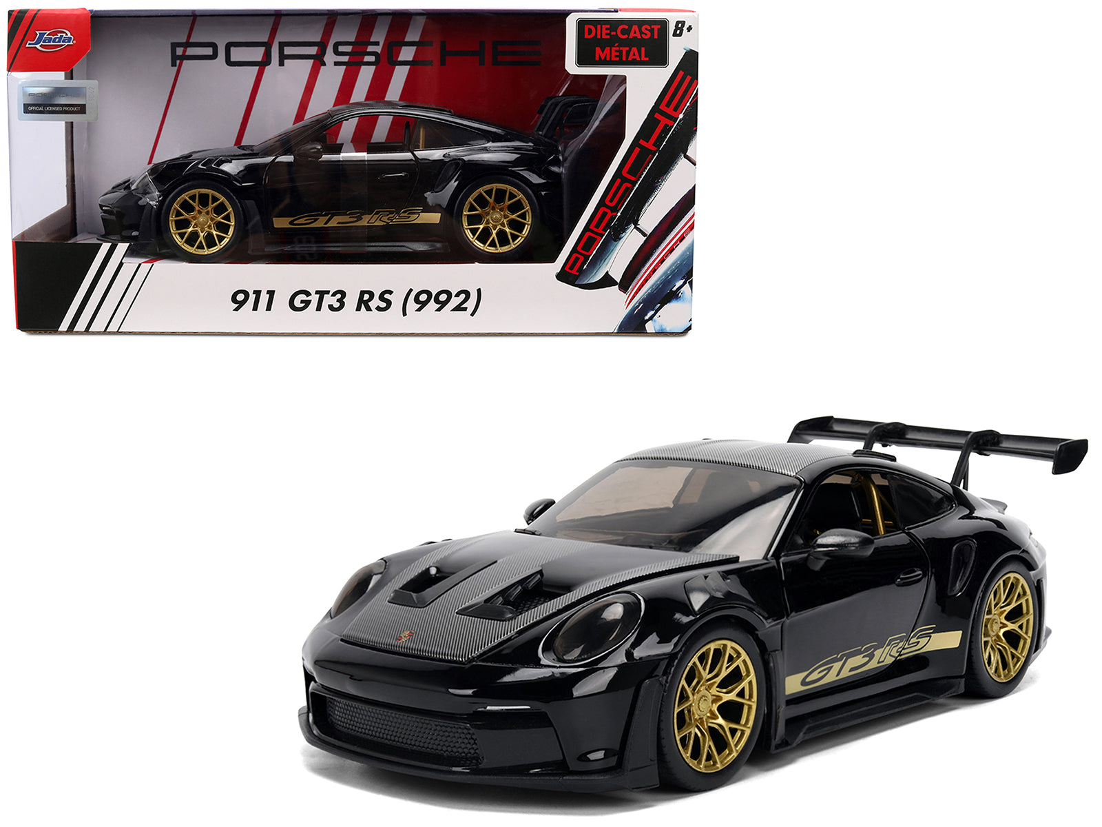 Porsche 911 (992) GT3 RS Black with Carbon Top and Hood Stripes and Gold Wheels "Hyper-Spec" 1/24 Diecast Model Car by Jada