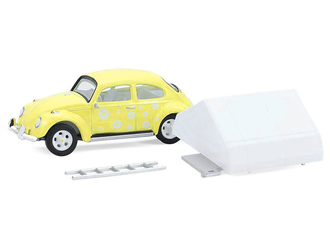 Volkswagen Classic Beetle Yellow with White Flower Graphics and Interior with Camp'otel Cartop Sleeper Tent "The Great Outdoors" Series 4 1/64 Diecast Model Car by Greenlight