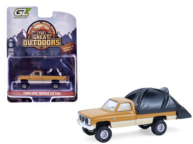 1986 GMC Sierra Lifted Pickup Truck Desert Sand and Doeskin Tan with Modern Truck Bed Tent "The Great Outdoors" Series 4 1/64 Diecast Model Car by Greenlight