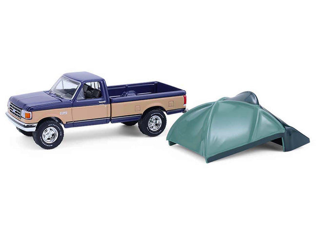 1987 Ford F-150 XLT Lariat Pickup Truck Dark Blue and Tan with Modern Truck Bed Tent "The Great Outdoors" Series 4 1/64 Diecast Model Car by Greenlight