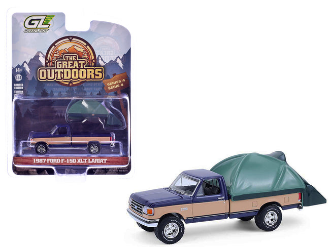 1987 Ford F-150 XLT Lariat Pickup Truck Dark Blue and Tan with Modern Truck Bed Tent "The Great Outdoors" Series 4 1/64 Diecast Model Car by Greenlight