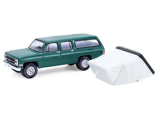 1990 Chevrolet Suburban Green with Modern Rooftop Camper "The Great Outdoors" Series 4 1/64 Diecast Model Car by Greenlight