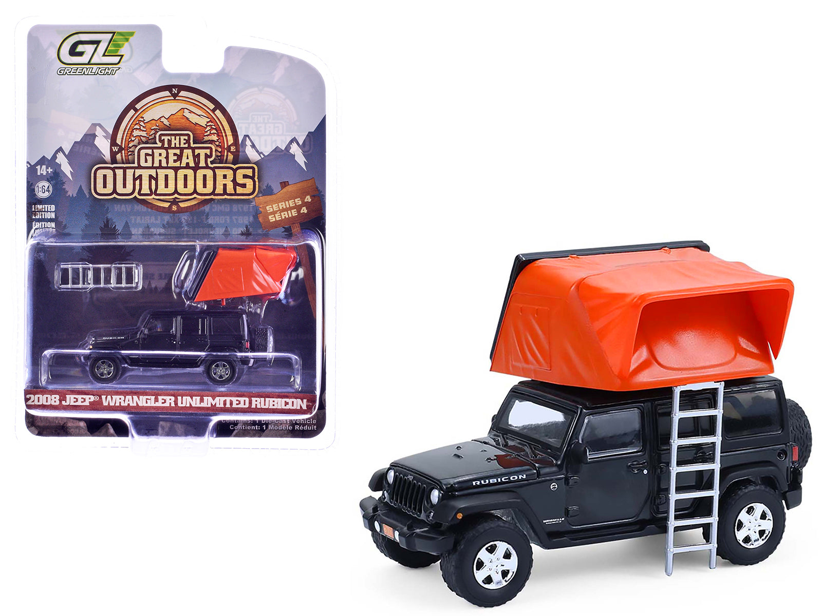 2008 Jeep Wrangler Unlimited Rubicon Dark Charcoal with Modern Rooftop Camper "The Great Outdoors" Series 4 1/64 Diecast Model Car by Greenlight