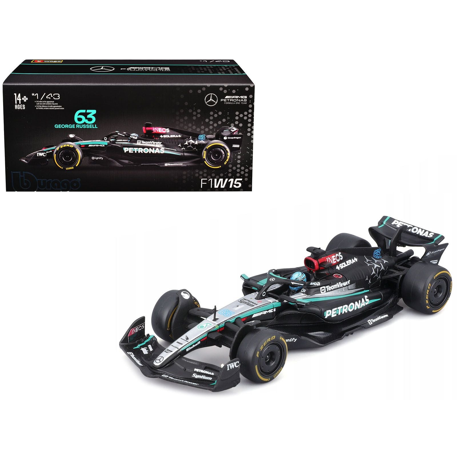 Mercedes-AMG F1 W15 E Performance #63 George Russell "Petronas" Formula One F1 World Championship (2024) with Driver Figure and Display Case "Race" Series 1/43 Diecast Model Car by Bburago