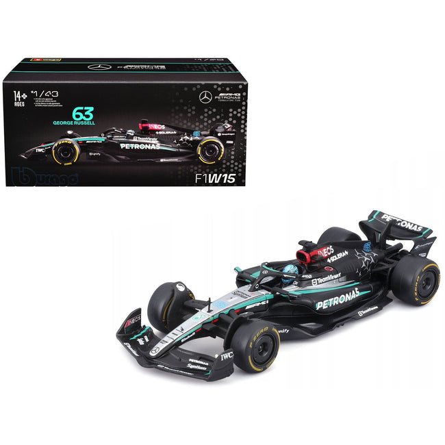 Mercedes-AMG F1 W15 E Performance #63 George Russell "Petronas" Formula One F1 World Championship (2024) with Driver Figure and Display Case "Race" Series 1/43 Diecast Model Car by Bburago