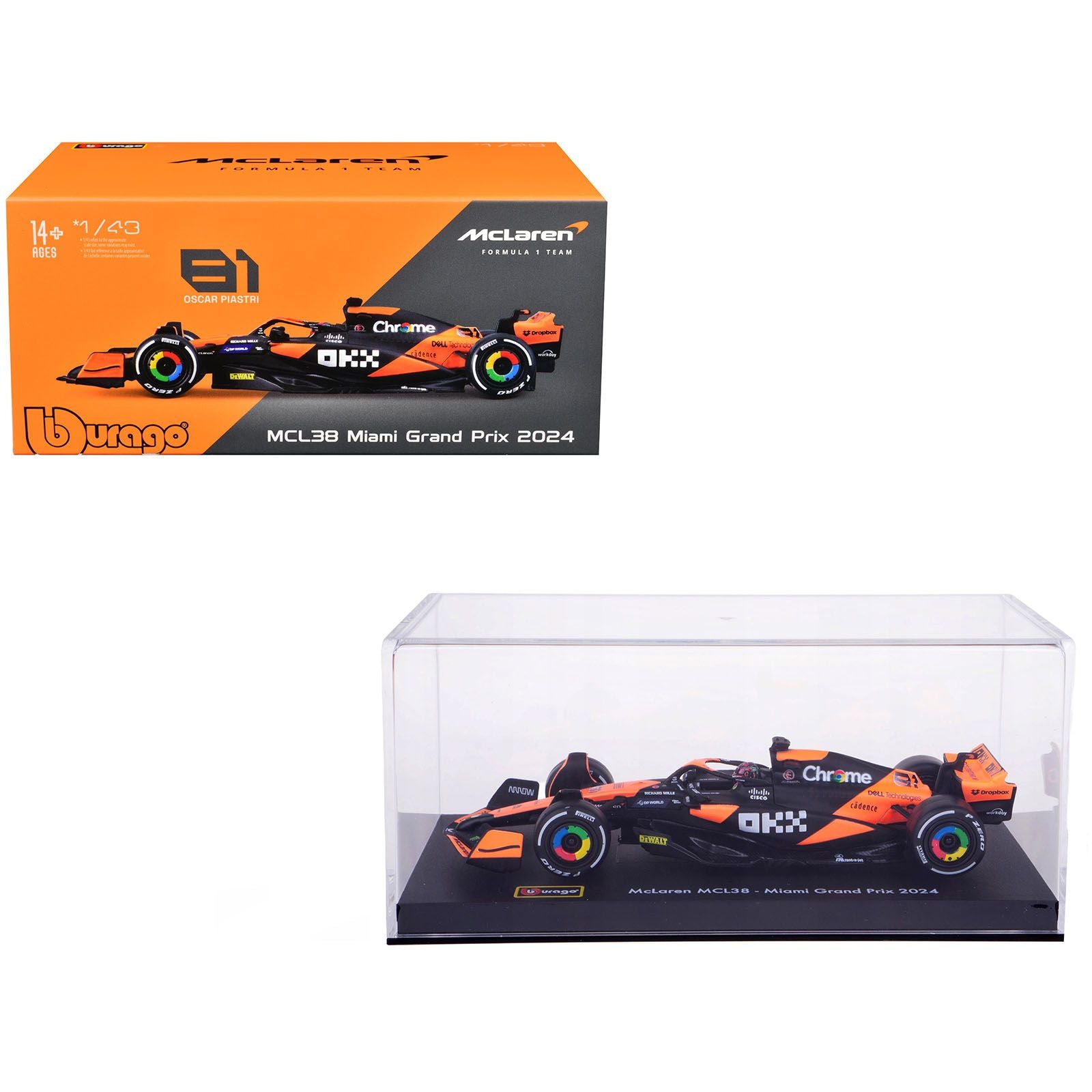 McLaren MCL38 #81 Oscar Piastri "OKX" Formula One F1 "Miami GP" (2024) with Driver Figure and Display Case "Race" Series 1/43 Diecast Model Car by Bburago