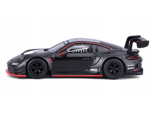 Porsche 911 GT3 R Black with Silver Top and Hood and Red Stripes "Race" Series 1/43 Diecast Model Car by Bburago