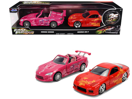 Honda S2000 Pink with Graphics and Mazda RX-7 Orange with Graphics Set of 2 pieces "25 Years of Fast & Furious" Series 1/32 Diecast Model Cars by Jada