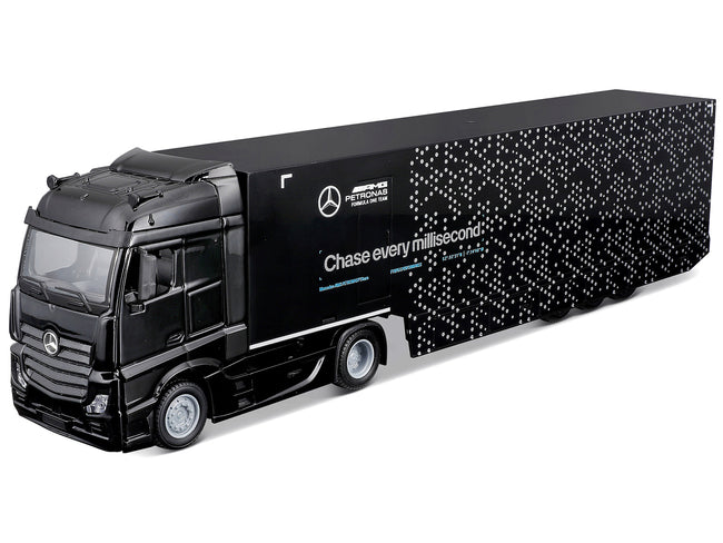 Mercedes-Benz Actros Gigaspace Car Transporter Black and Mercedes-AMG F1 W15 E Performance #63 George Russell "Petronas" Formula One F1 World Championship (2024) "Racing Hauler" Series 1/43 Diecast Model Car by Bburago